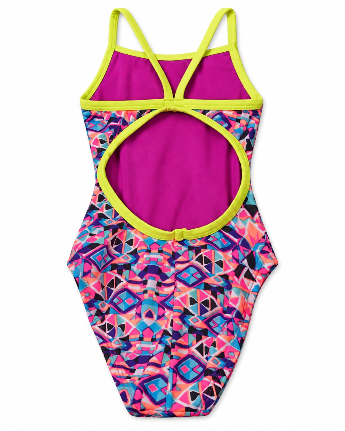 The Finals · Traje de una pieza · Mosaico multicolor · Multicolor con tirantes amarillo lima · Talla 22