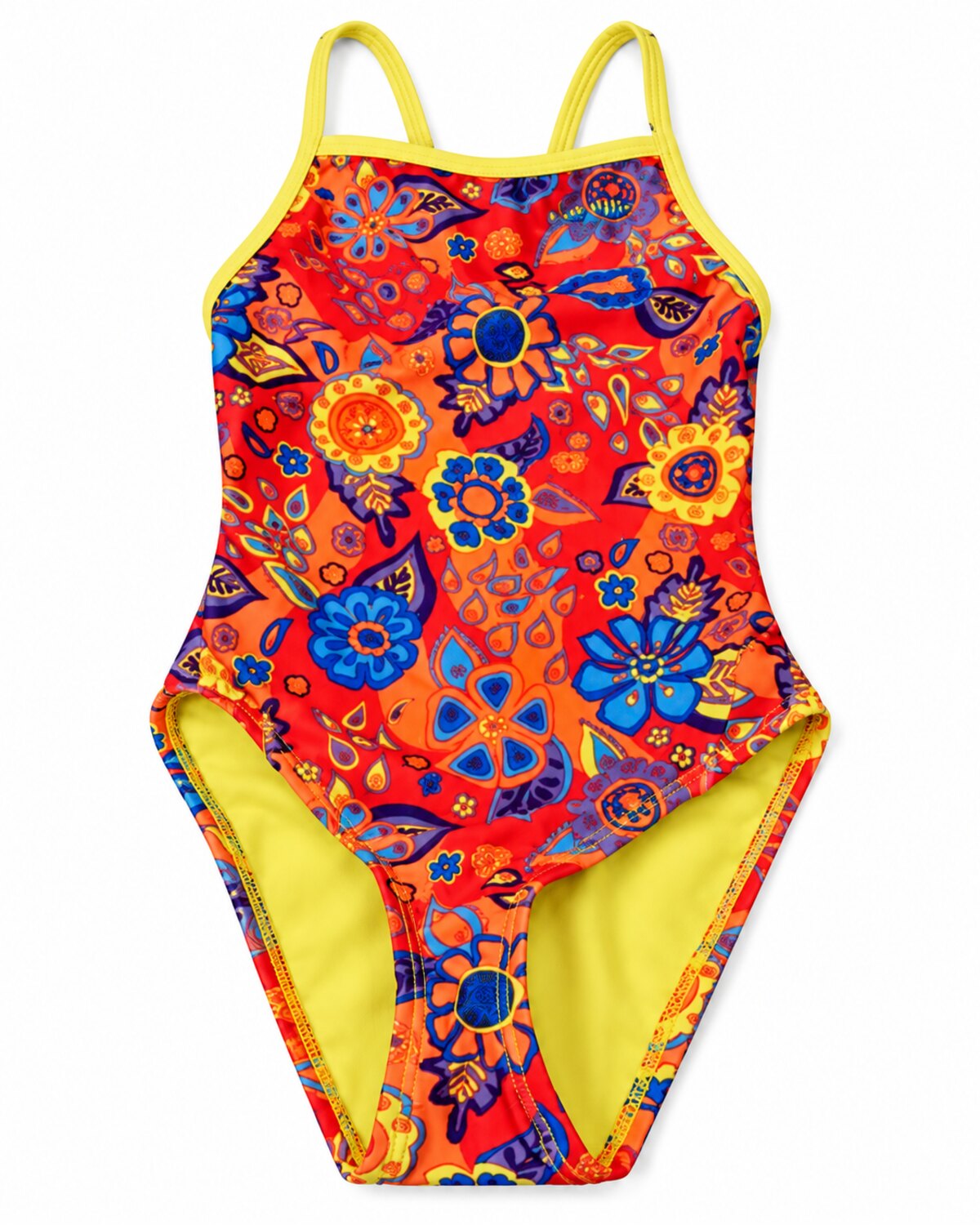The Finals · Traje de una pieza · Flores y símbolos de paz · Naranja y multicolor con amarillo · Talla 22